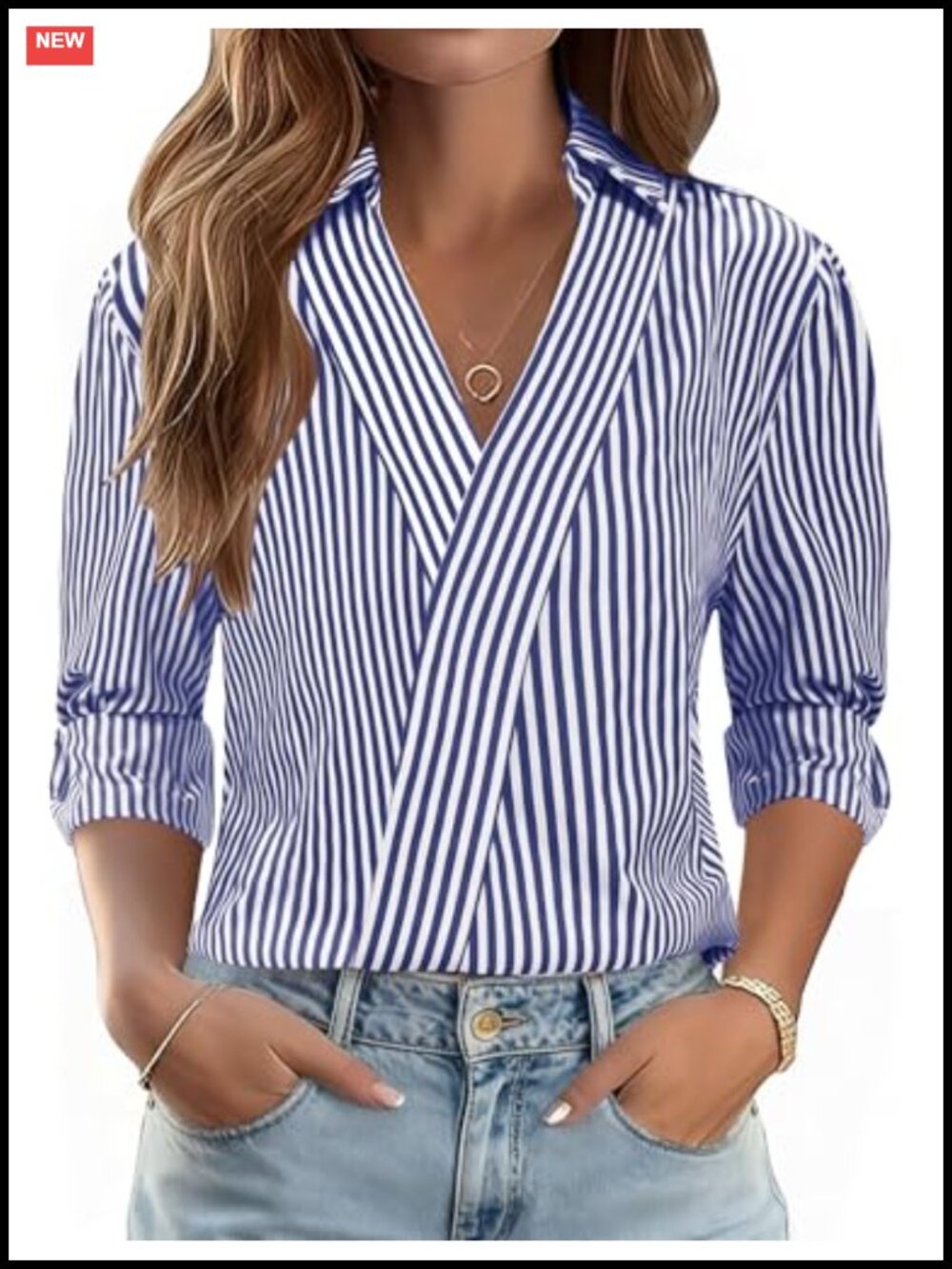 LOMON Women's 3/4 Sleeve V Neck Collared Dressy Blouse